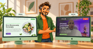 Cartoon designer ανάμεσα σε δύο πράσινα iMac παρουσιάζει την ιστοσελίδα Greek Goes Keto πριν και μετά το redesign.