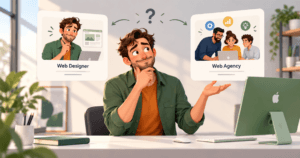 Εικονογράφηση web designer σε δημιουργικό γραφείο για άρθρο σύγκρισης web designer και web agency